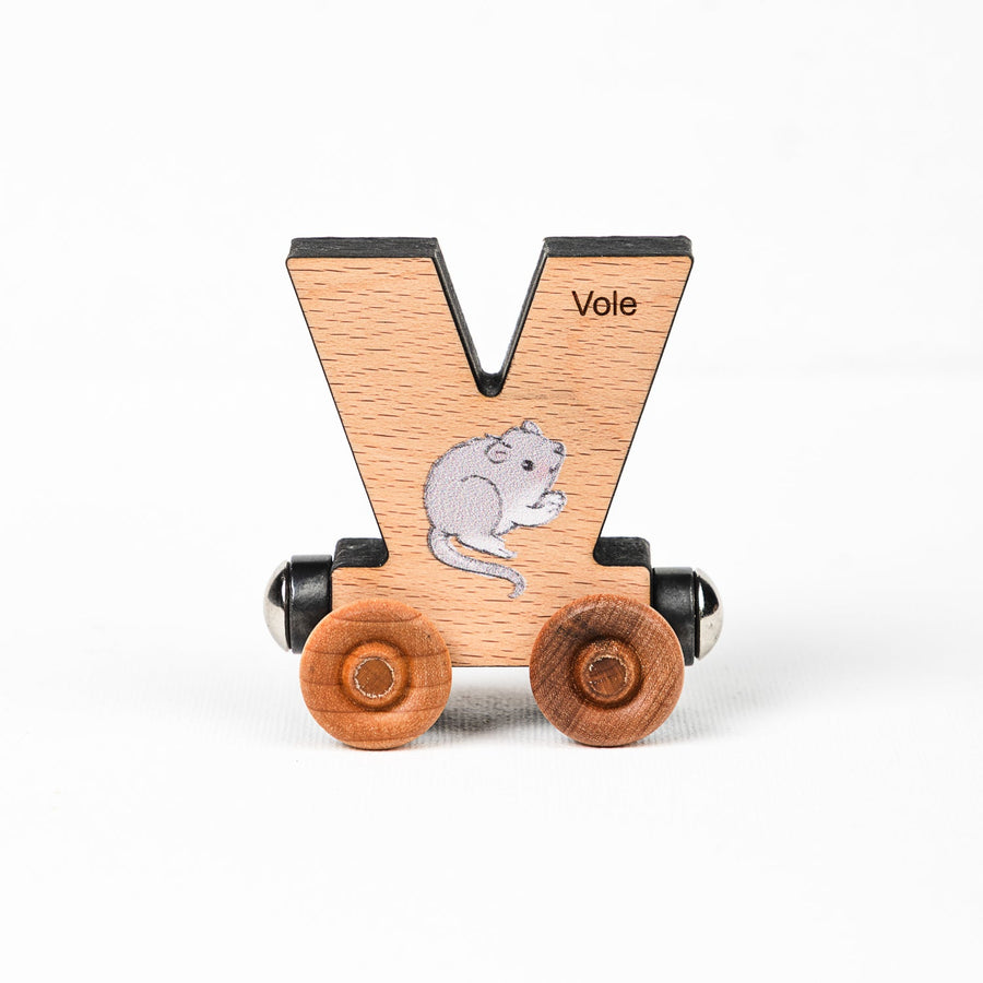 Wooden alphabet train letter V car with an animal illustration and wheels