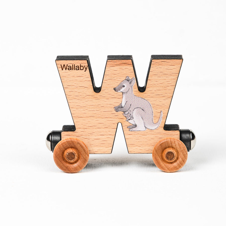 Wooden alphabet train letter W car with an animal illustration and wheels