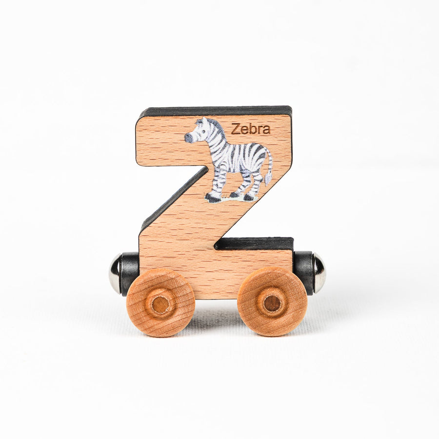 Wooden alphabet train letter Z car with an animal illustration and wheels