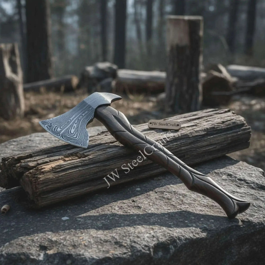 Hand-Forged Damascus Viking Axe – Carved Hardwood Handle | Bushcraft, Camping & Display Collectible