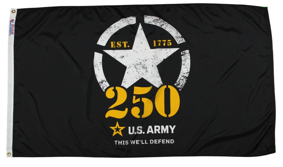 U.S. Army 250th anniversary flag with white star, EST. 1775 and This We’ll Defend design