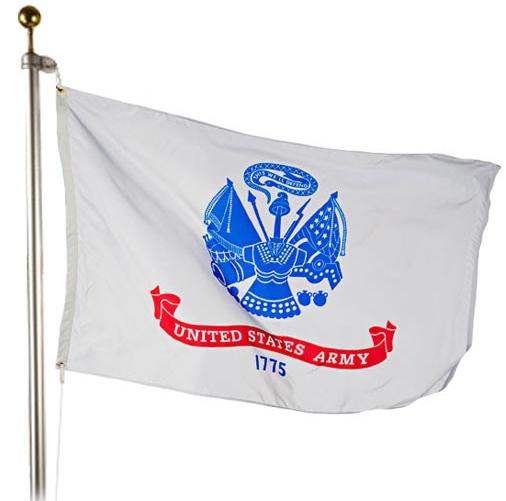 U.S. Army outdoor flag with blue Army emblem, red United States Army scroll and 1775 on white field