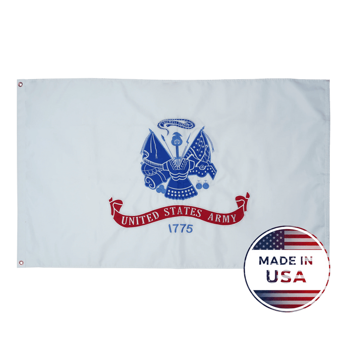 White double-sided U.S. Army flag with blue Army insignia, red United States Army scroll and 1775