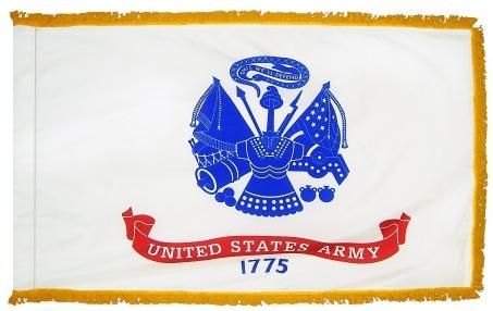 U.S. Army indoor parade flag with white field, Army emblem, red scroll and gold fringe