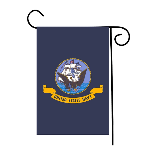 U.S. Navy garden flag displayed on black metal garden stand