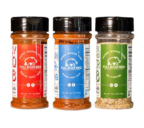Seafood seasoning trio with Bonfire Sweet Heat, Bourbon Street Cajun and Garden, Barn & River rubs.