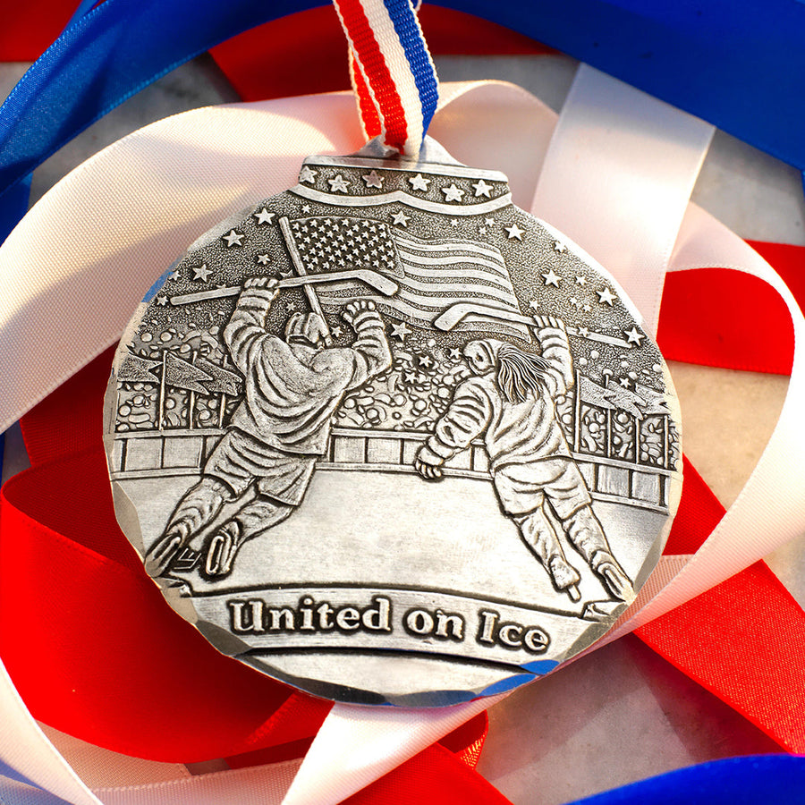 Styled display featuring United on Ice Patriotic Hockey Ornament