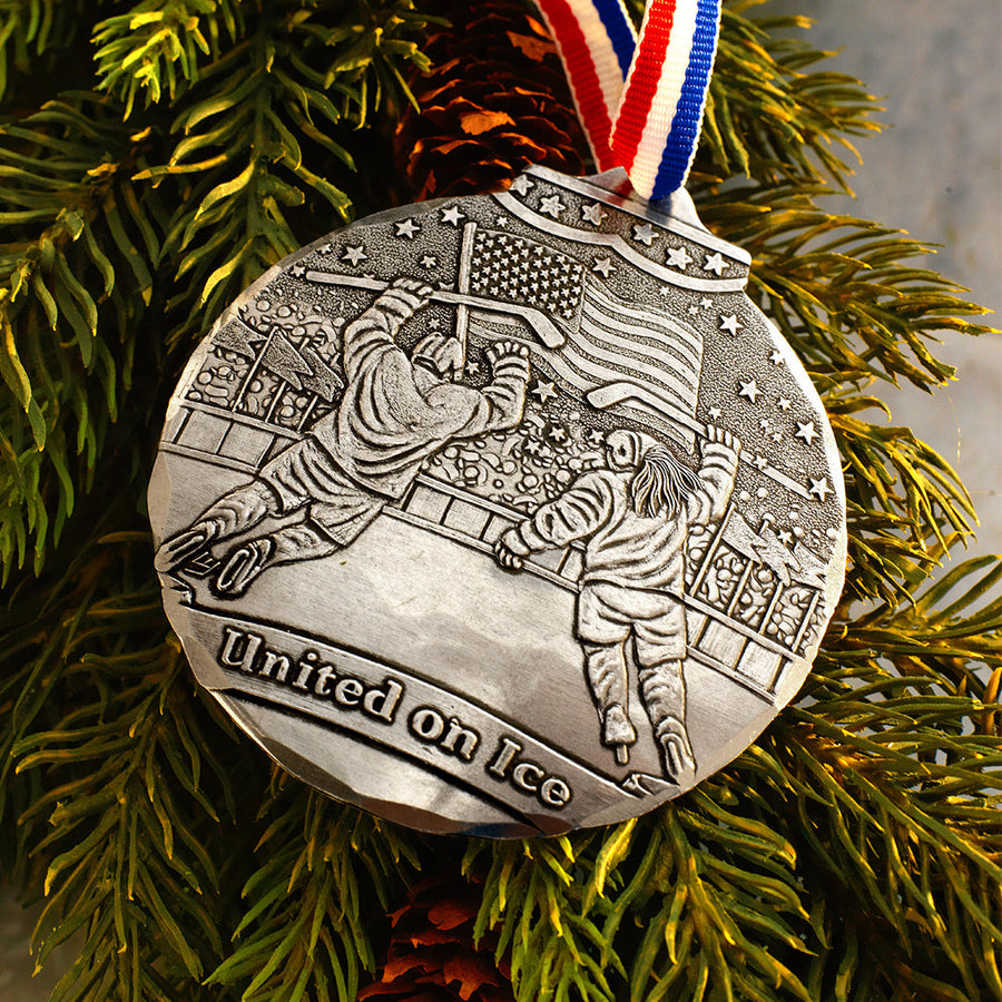 Styled display featuring United on Ice Patriotic Hockey Ornament