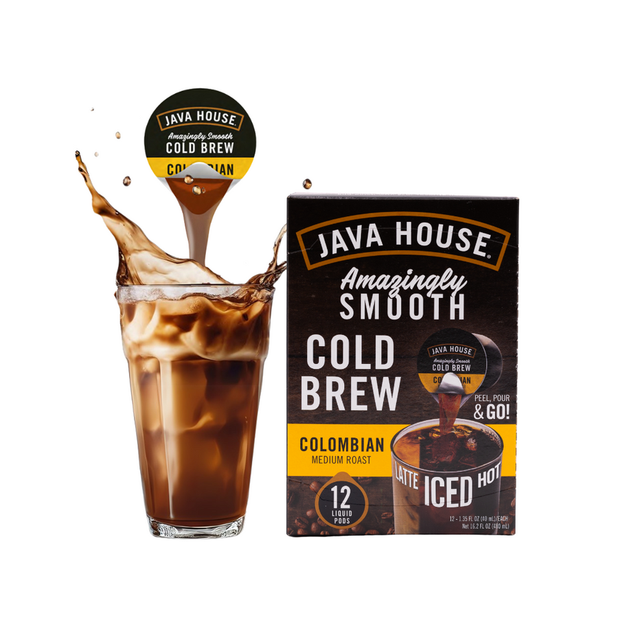 Colombian coffee carton and pod beside iced coffee