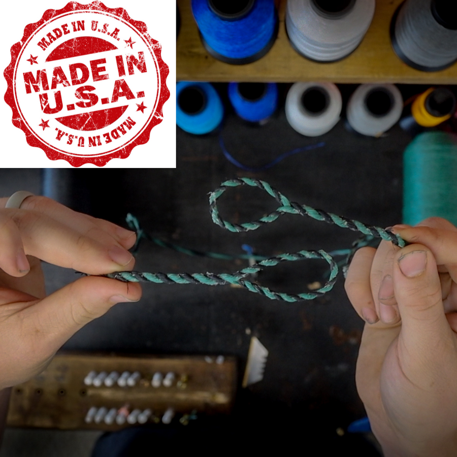 Fast Flight 652 Spectra Custom Flemish Twist Bowstring — bowstring-making demonstration with Made in USA graphic