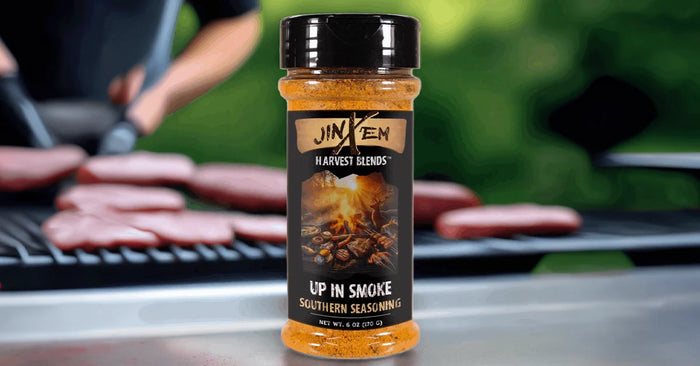 Up In Smoke Southern Seasoning — seasoning jar with a prepared food serving