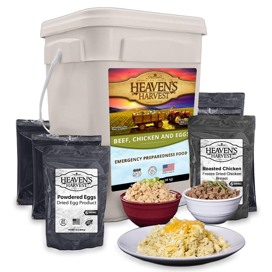 Protein bucket with separate food pouches and prepared foods, serving suggestion