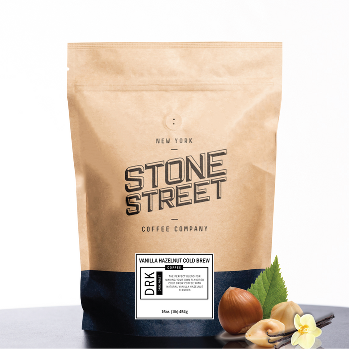 Front of the Stone Street Vanilla Hazelnut Cold Brew coffee bag with its product label visible