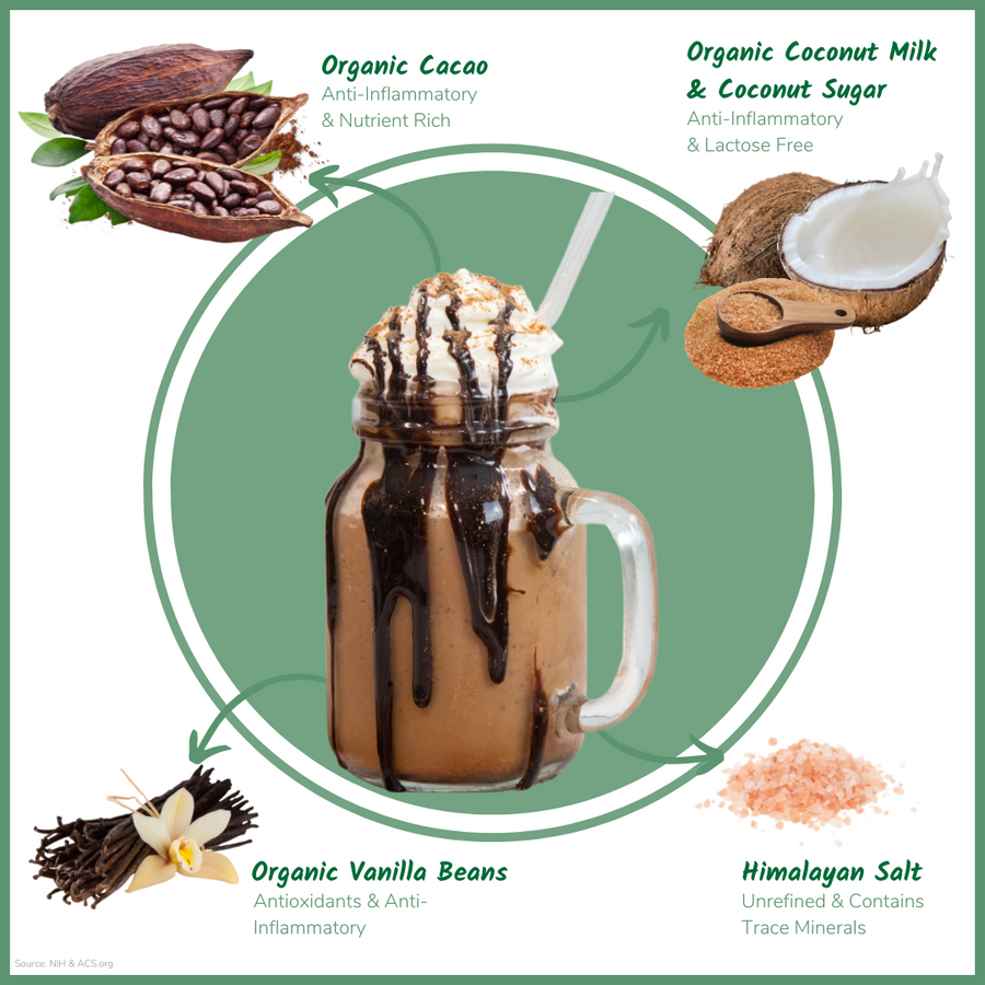 Ingredient illustration for frozen cocoa with cacao, coconut, vanilla, and Himalayan salt