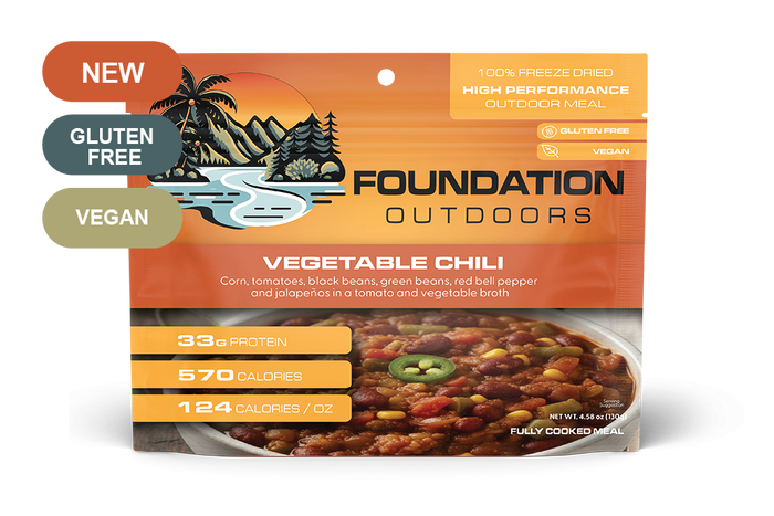 Vegan vegetable chili freeze-dried meal pouch, front