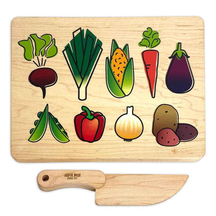 Vegetable Kids Maple Cutting Board & Wooden Knife Set