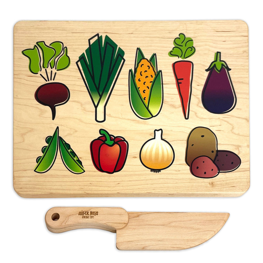 Vegetable Kids Maple Cutting Board & Wooden Knife Set