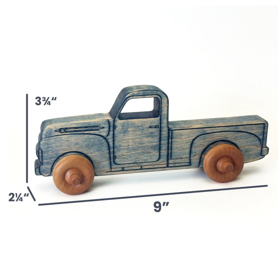 Vintage Blue Maple Toy Pickup Truck, 9 in. with dimension annotations