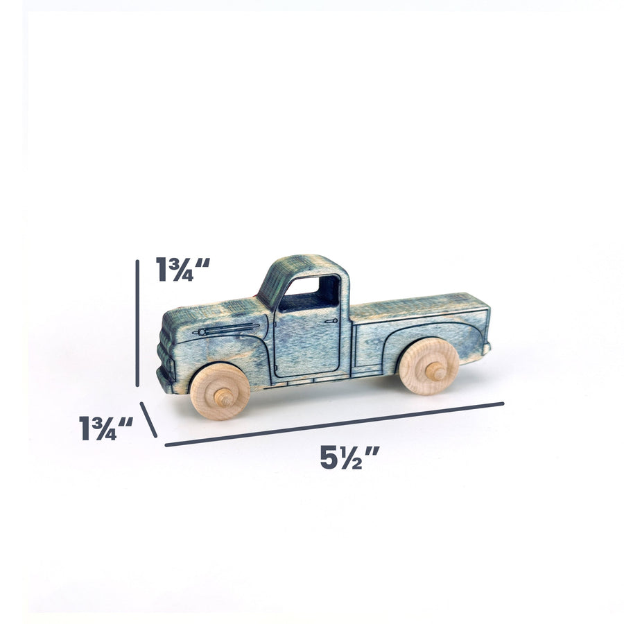 Vintage Blue Maple Toy Pickup Truck, 5.5 in. with dimension annotations