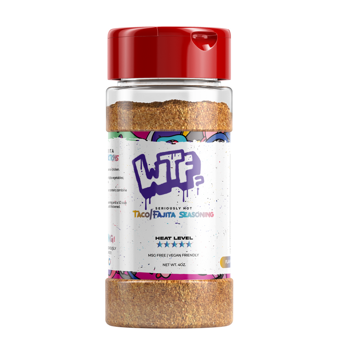WTF extra-hot taco and fajita seasoning in a 4 oz jar