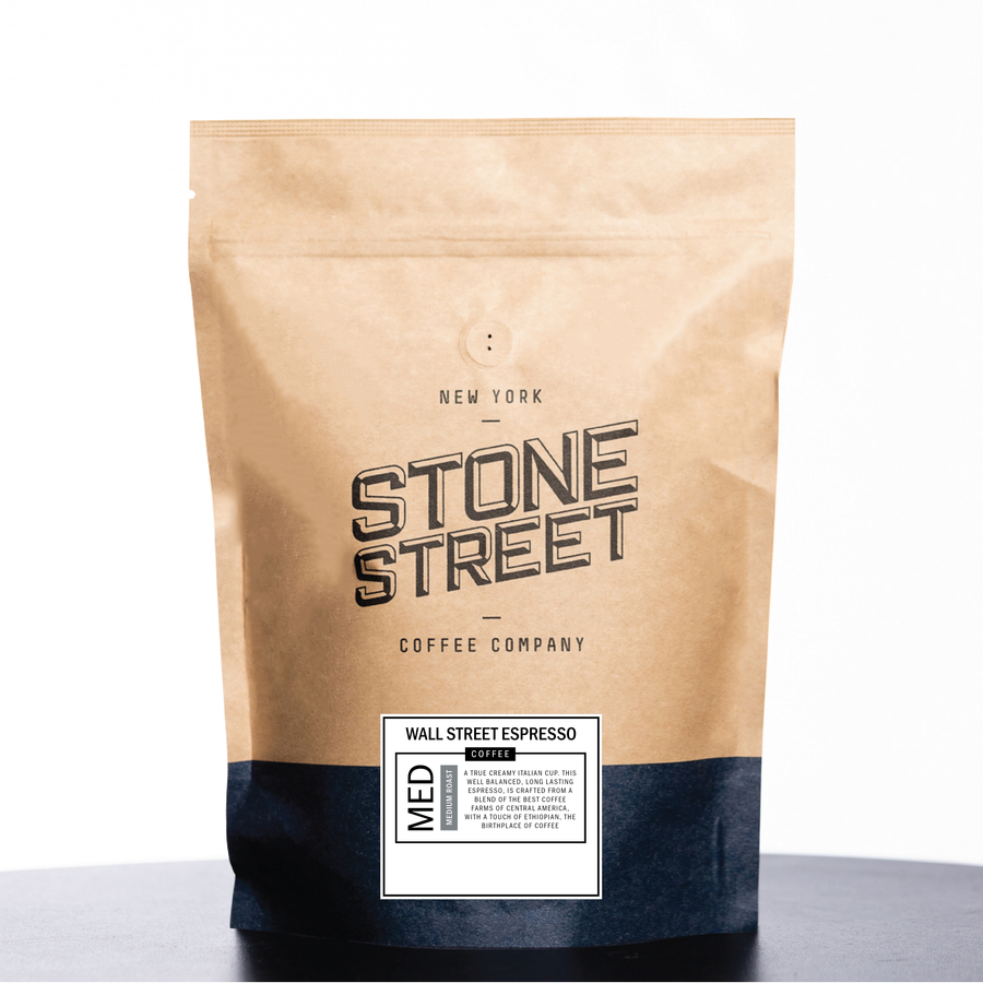 Front of the Stone Street Wall Street Blend coffee bag with its product label visible
