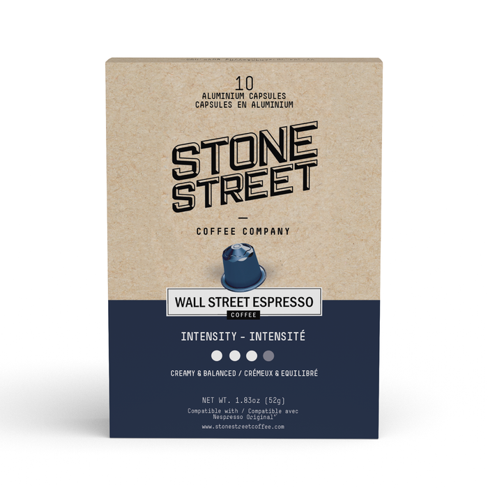 Front of a ten-count Wall Street Espresso capsule box