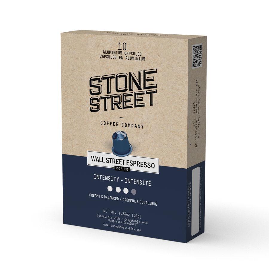 Angled view of the Wall Street Espresso capsule box