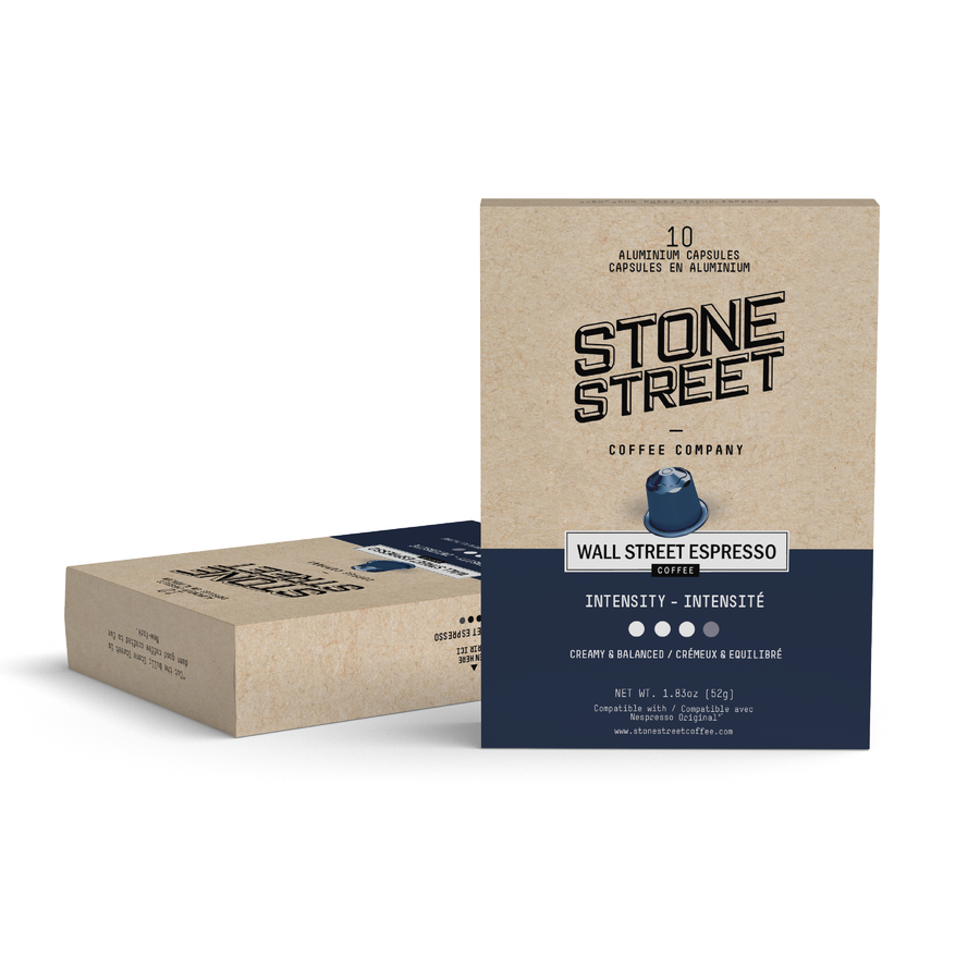 Wall Street Espresso capsule boxes arranged together