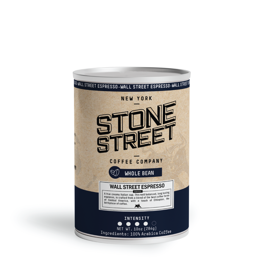 Wall Street Espresso coffee can with the whole-bean front label visible