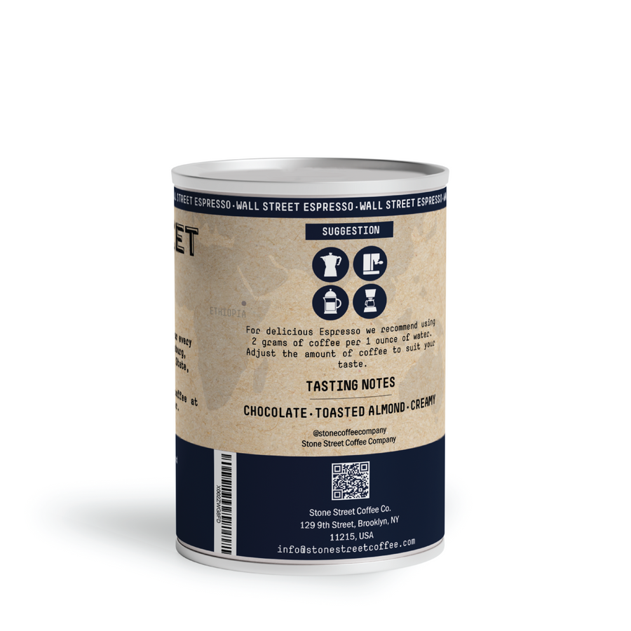 Wall Street Espresso coffee can showing the rear information panel