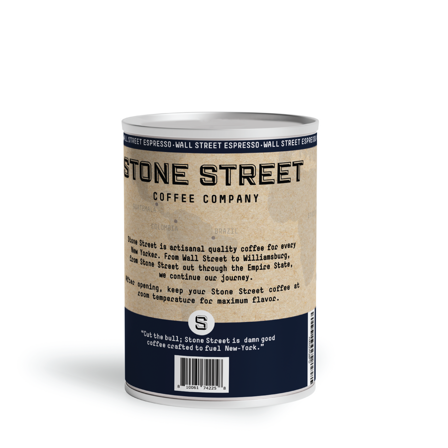 Wall Street Espresso coffee can showing the brand information and barcode panel