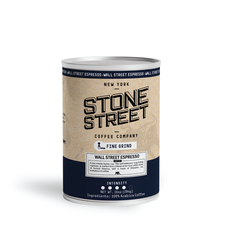 Wall Street Espresso coffee can with the espresso-grind front label visible