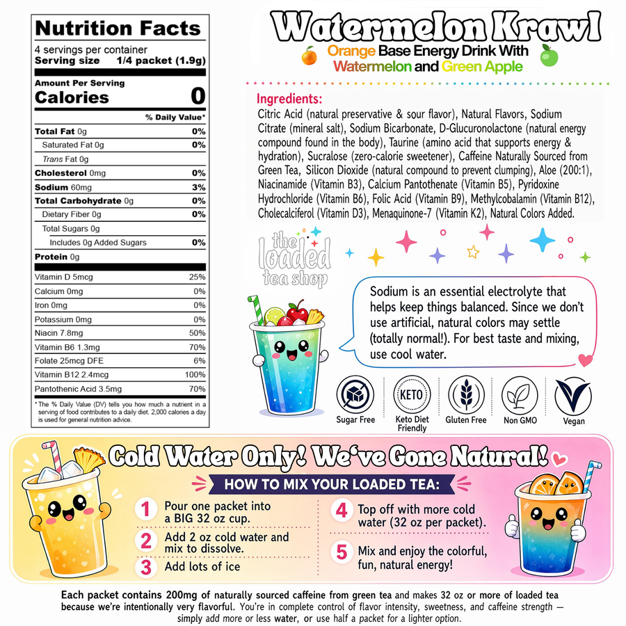 Watermelon Krawl loaded tea nutrition and ingredient label