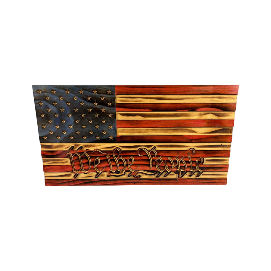 Engraved wooden American flag with We the People design