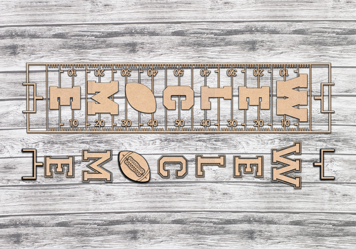 Unfinished Welcome lettering, yard-line panels and football accent pieces