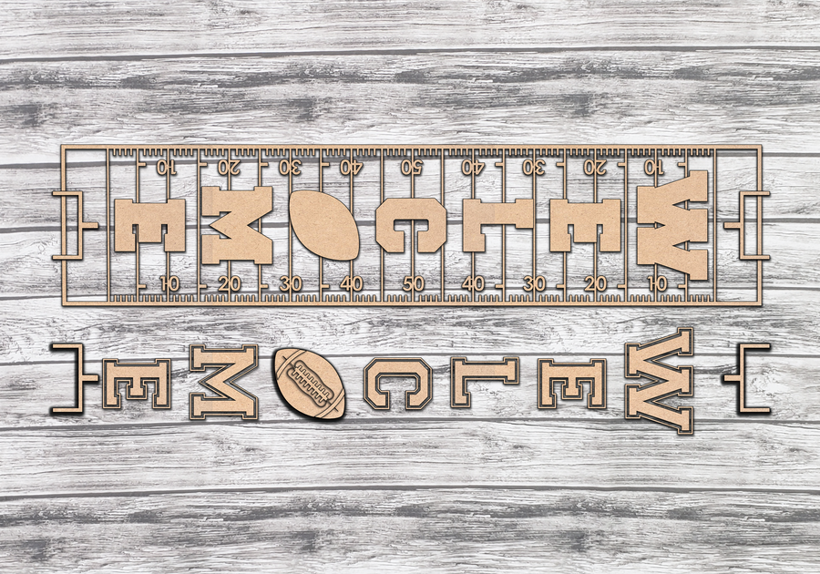 Unfinished Welcome lettering, yard-line panels and football accent pieces