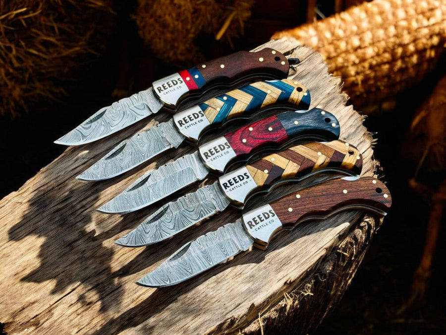 5-Pack Damascus Pocket Knives – 3" Blade, Rosewood & Olivewood & Pakka Wood product photo