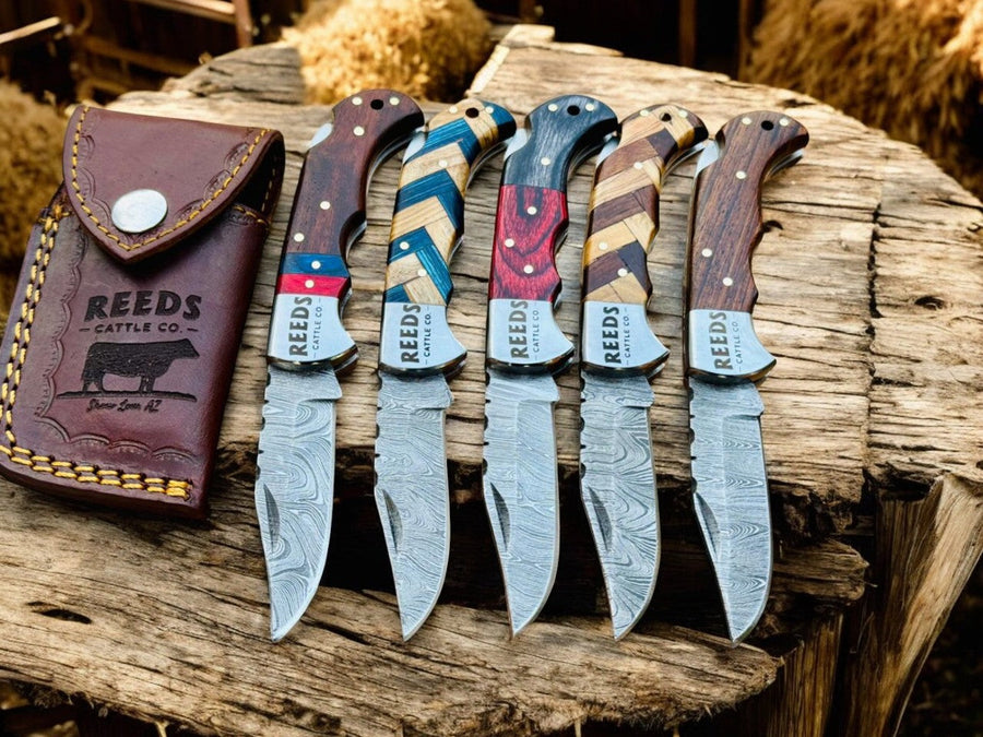 5-Pack Damascus Pocket Knives – 3" Blade, Rosewood & Olivewood & Pakka Wood product photo