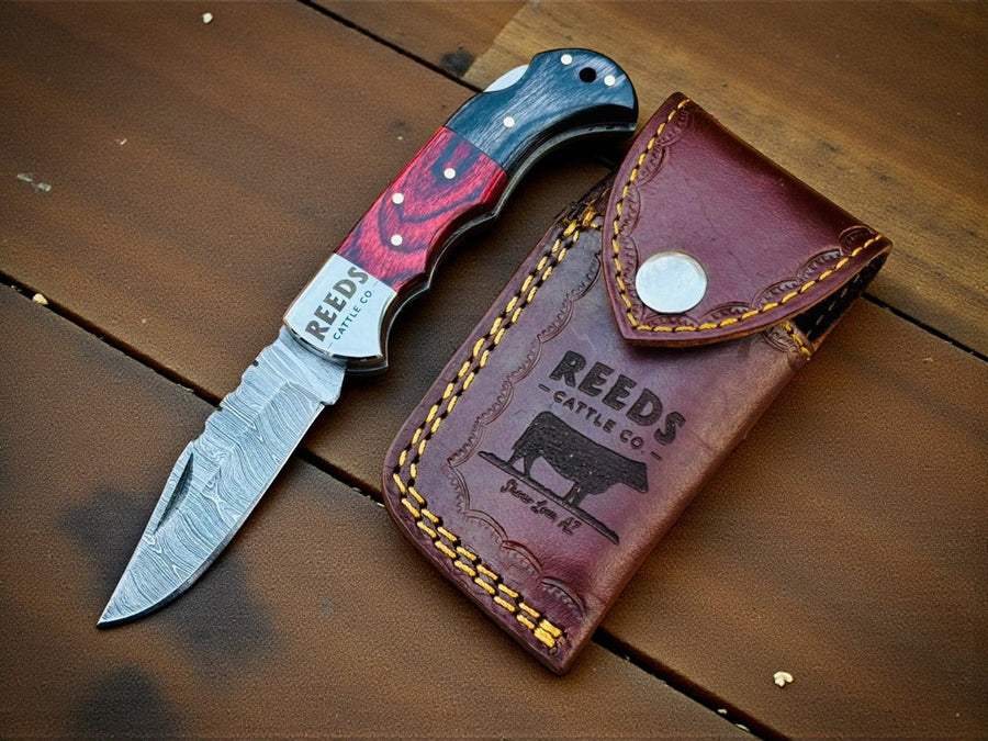 Folding Pocket Knife 3" Damascus Blade with Red/Black Pakka Wood product photo