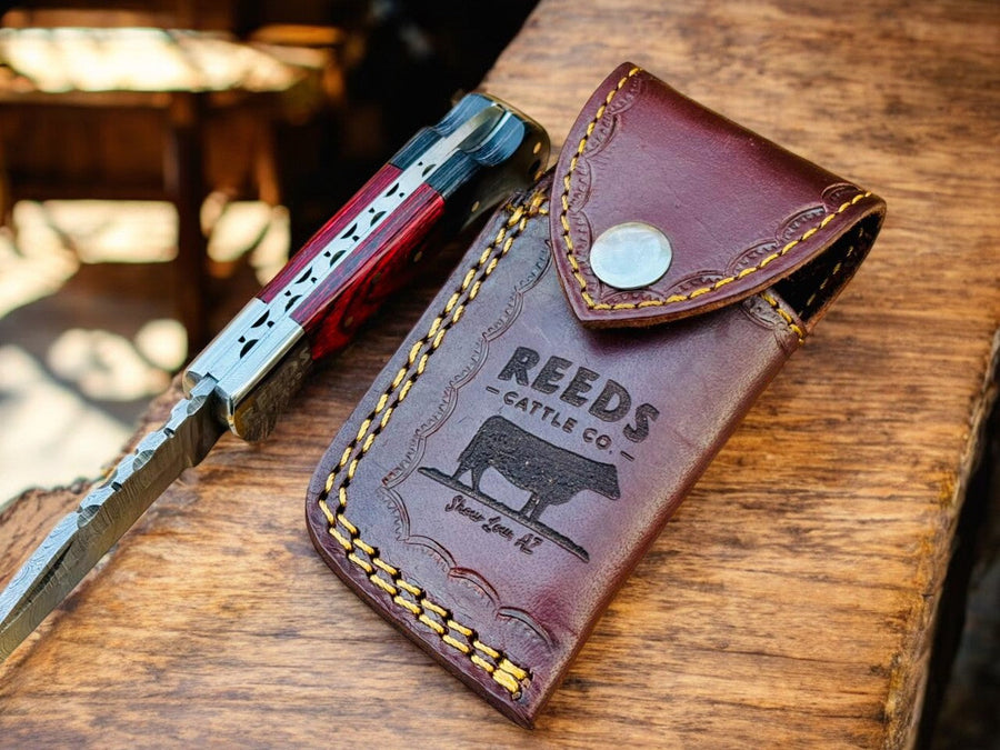 Folding Pocket Knife 3" Damascus Blade with Red/Black Pakka Wood product photo