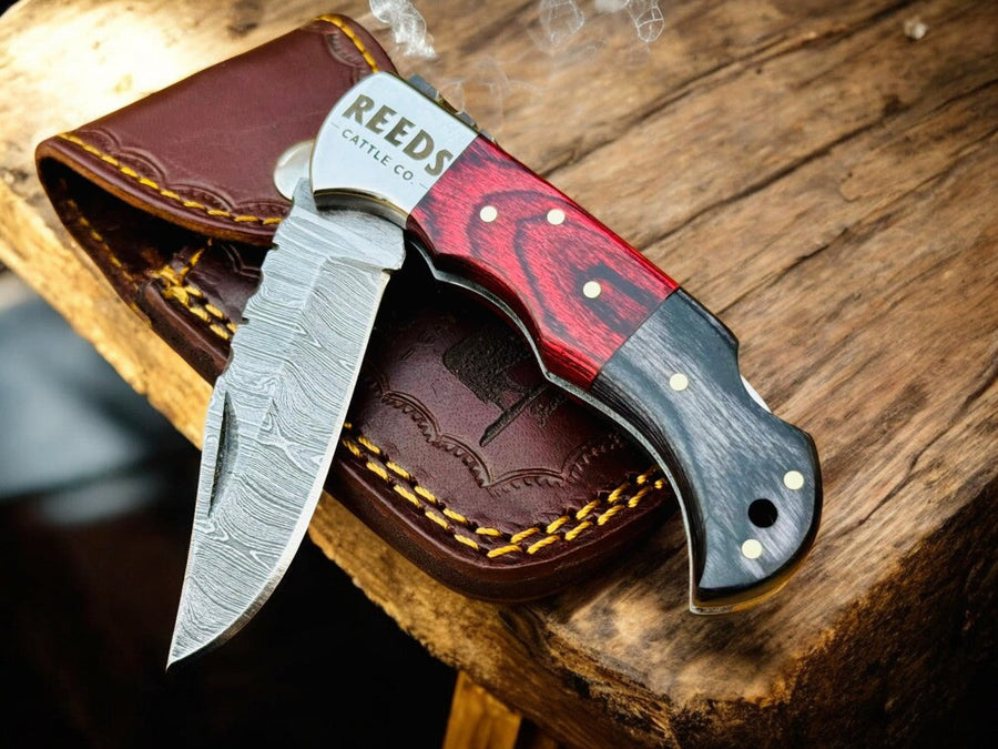 Folding Pocket Knife 3" Damascus Blade with Red/Black Pakka Wood product photo
