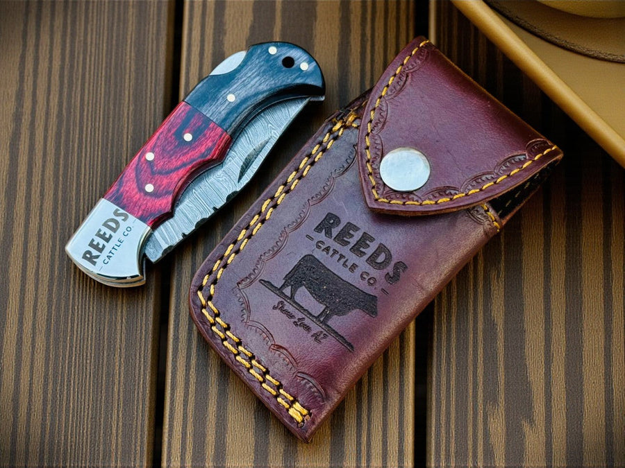 Folding Pocket Knife 3" Damascus Blade with Red/Black Pakka Wood product photo