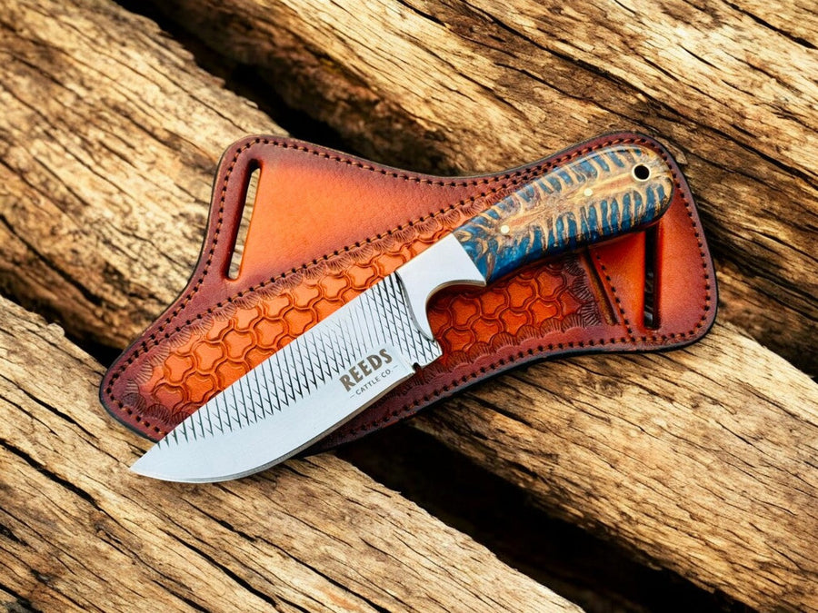 Rasp Steel Hunting Knife – 4" Blade, Blue Epoxy Pine-Cone Resin + Steel Bolster product photo