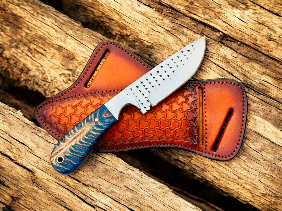 Rasp Steel Hunting Knife – 4" Blade, Blue Epoxy Pine-Cone Resin + Steel Bolster product photo