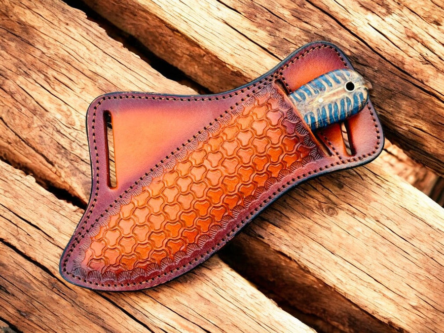 Rasp Steel Hunting Knife – 4" Blade, Blue Epoxy Pine-Cone Resin + Steel Bolster product photo