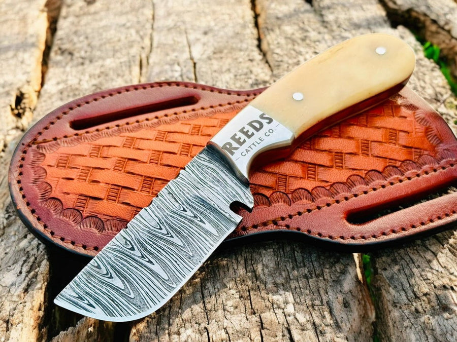 Damascus Skinning Knife – 3" Blade, Deer Bone + Steel Bolster product photo