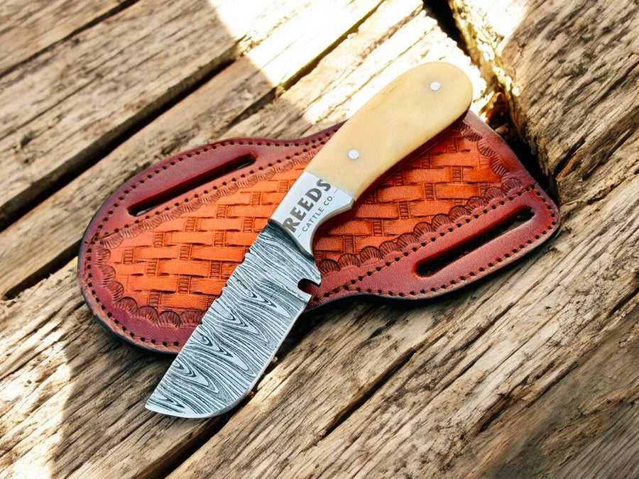 Damascus Skinning Knife – 3" Blade, Deer Bone + Steel Bolster product photo