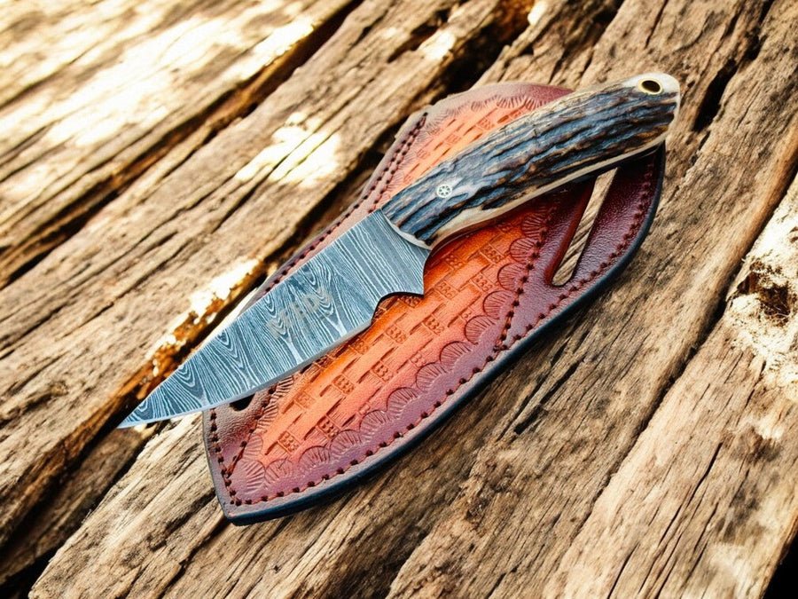 Damascus Cowboy Knife – 3.5" Blade, Antler Horn product photo