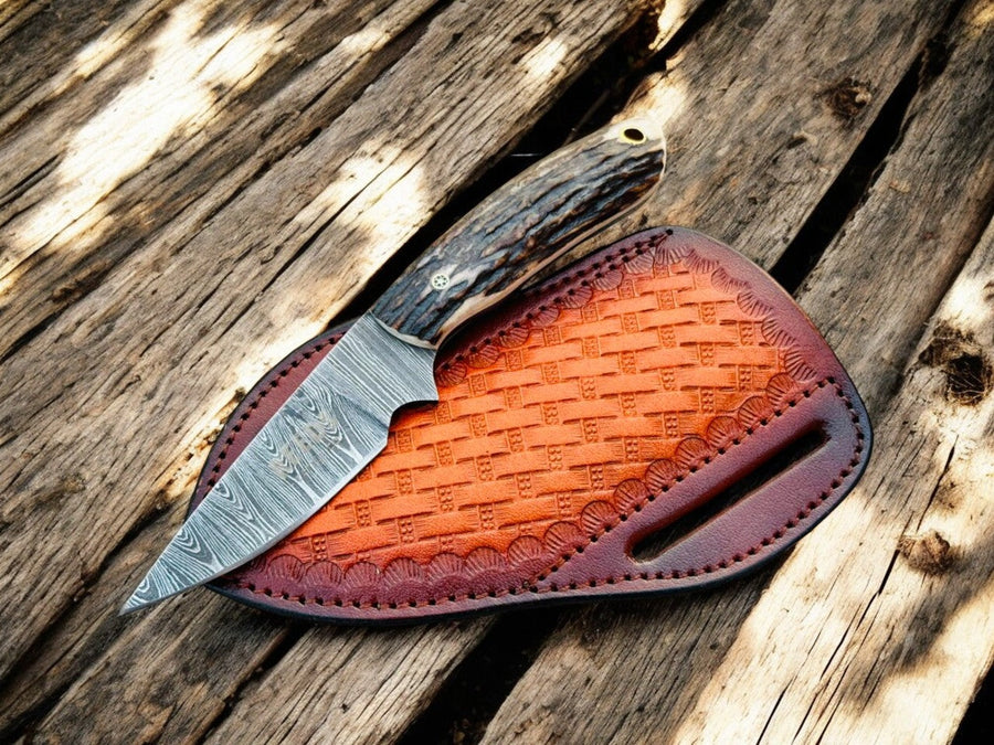 Damascus Cowboy Knife – 3.5" Blade, Antler Horn product photo