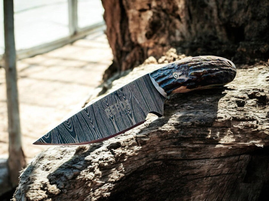Damascus Cowboy Knife – 3.5" Blade, Antler Horn product photo